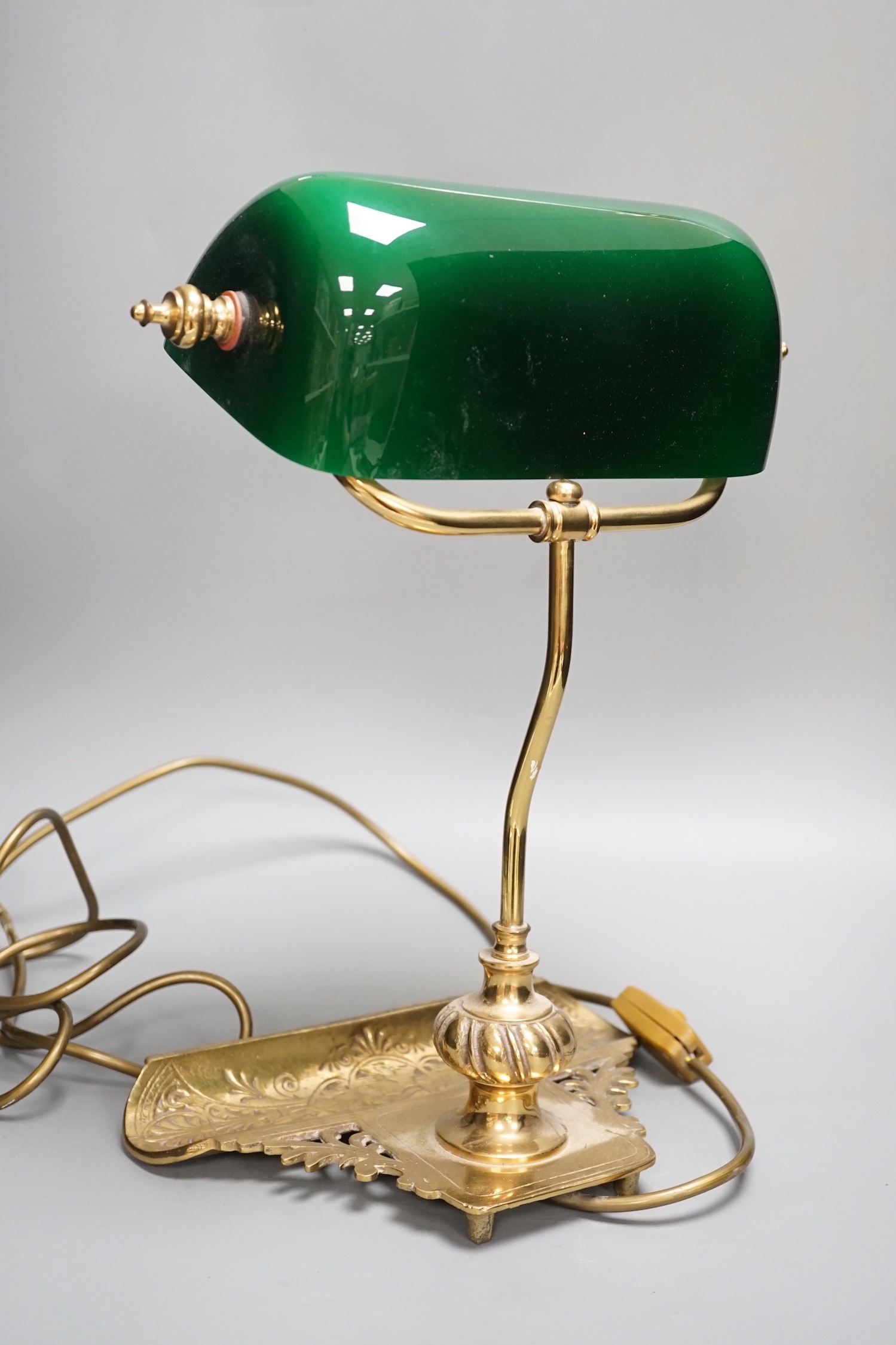 An Art Nouveau style brass bankers lamp, 39cm